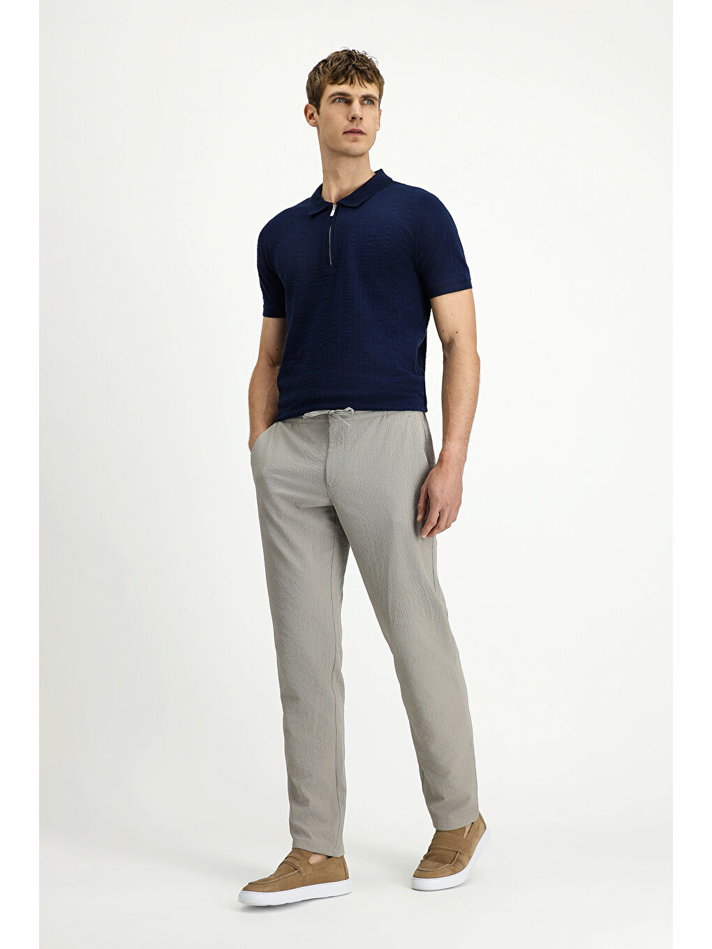 Bej Regular Fit Beli Bağcıklı Lastikli Klasik Pantolon-1