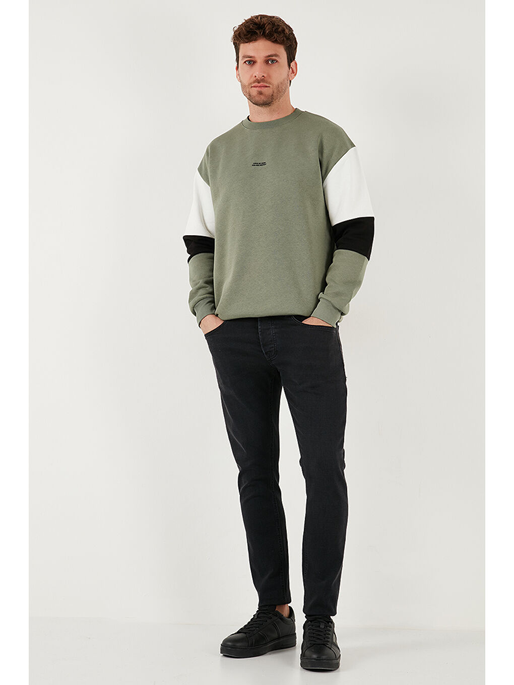 Haki Pamuklu Relaxed Fit Bisiklet Yaka Şardonlu Renk Bloklu Sweat 5905298T-1