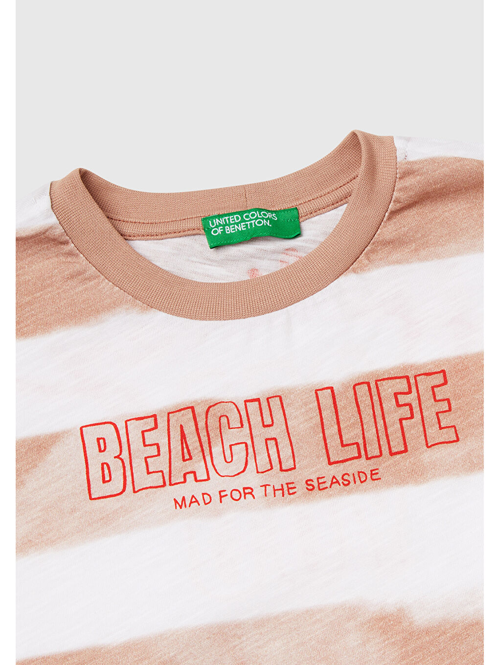 Erkek Çocuk Koyu Bej Baskılı Fırça Darbesi Çizgili Bisiklet Yaka Oversize T-Shirt-2