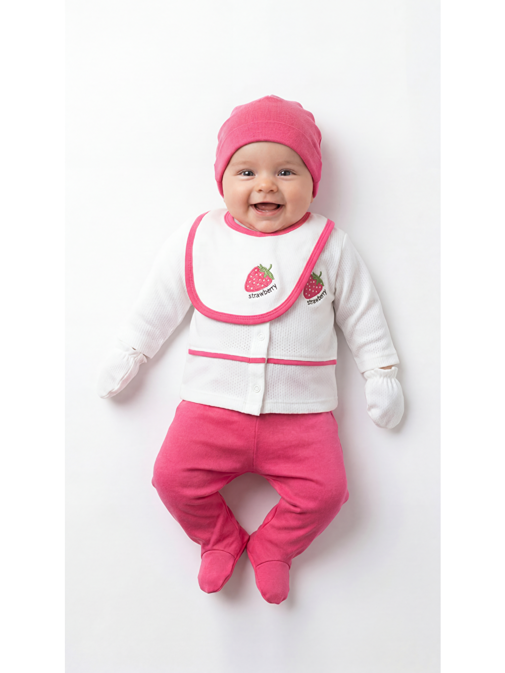 Pembe Çilek Nakışlı 5'Lı Kız Bebek Yenidoğan Takımı-3