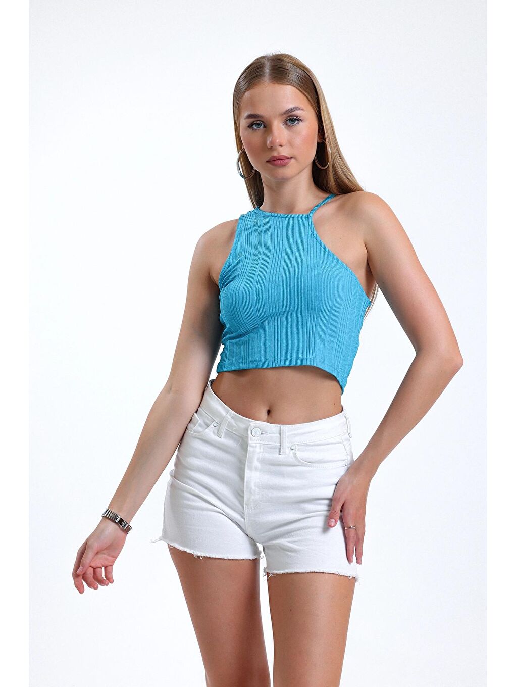 Mavi Asimetrik Omuz Detaylı Bisiklet Yaka Sıfır Kol Crop Bluz-3