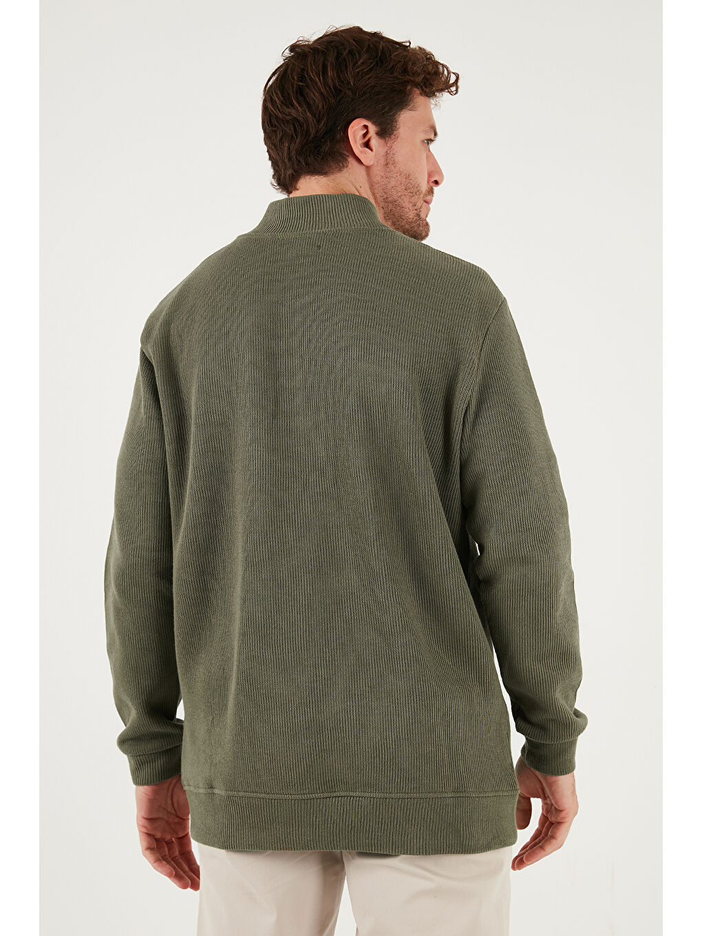 Haki Pamuklu Relaxed Fit Yarım Fermuarlı Dik Yaka Örme Sweat 5901076-6