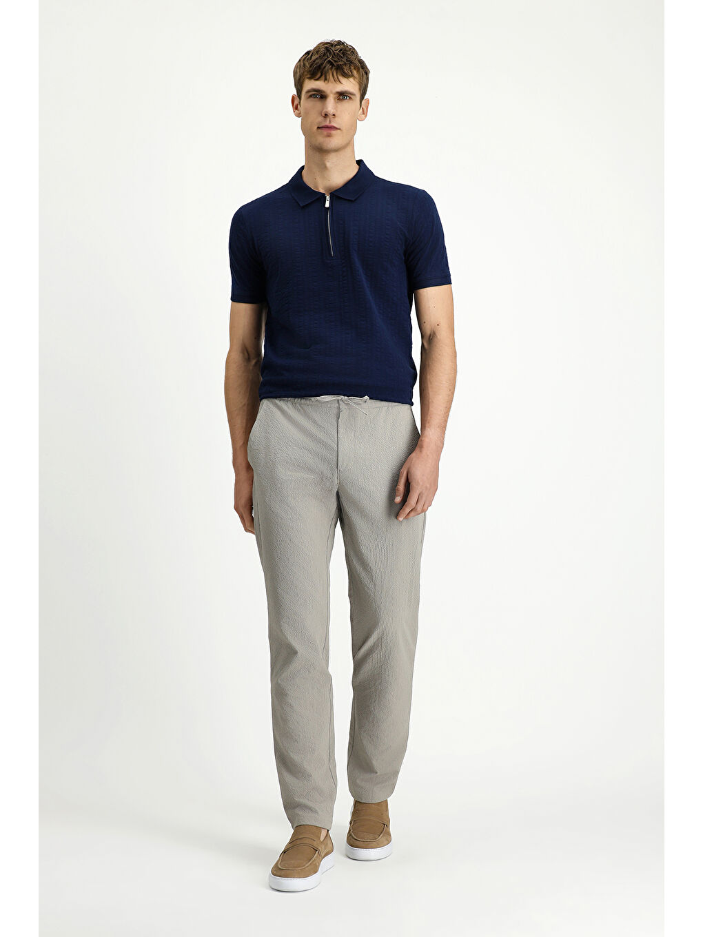 Bej Regular Fit Beli Bağcıklı Lastikli Klasik Pantolon-2