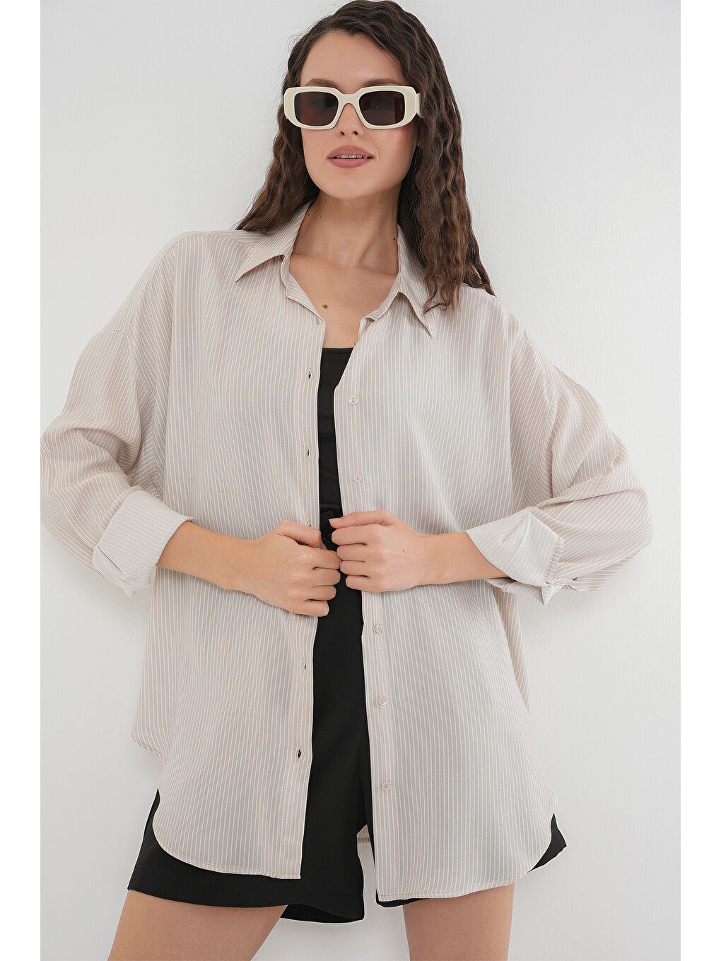 Ekru Kadın Çizgili Oversize Gömlek 20295 - Krem