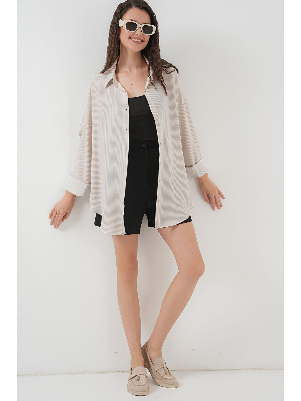 Ekru Kadın Çizgili Oversize Gömlek 20295 - Krem-1