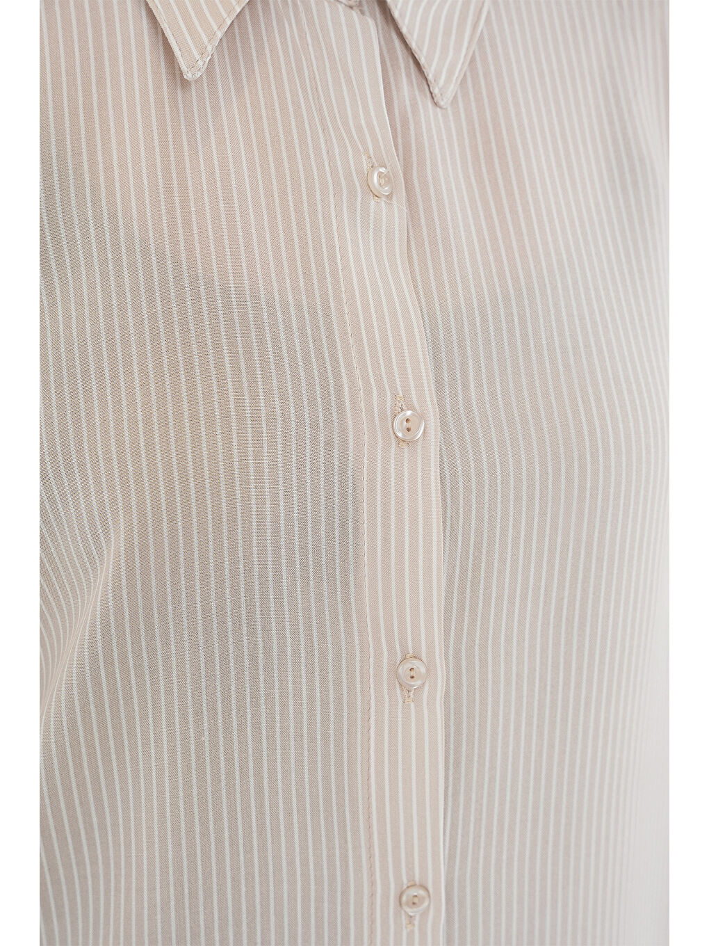 Ekru Kadın Çizgili Oversize Gömlek 20295 - Krem-3