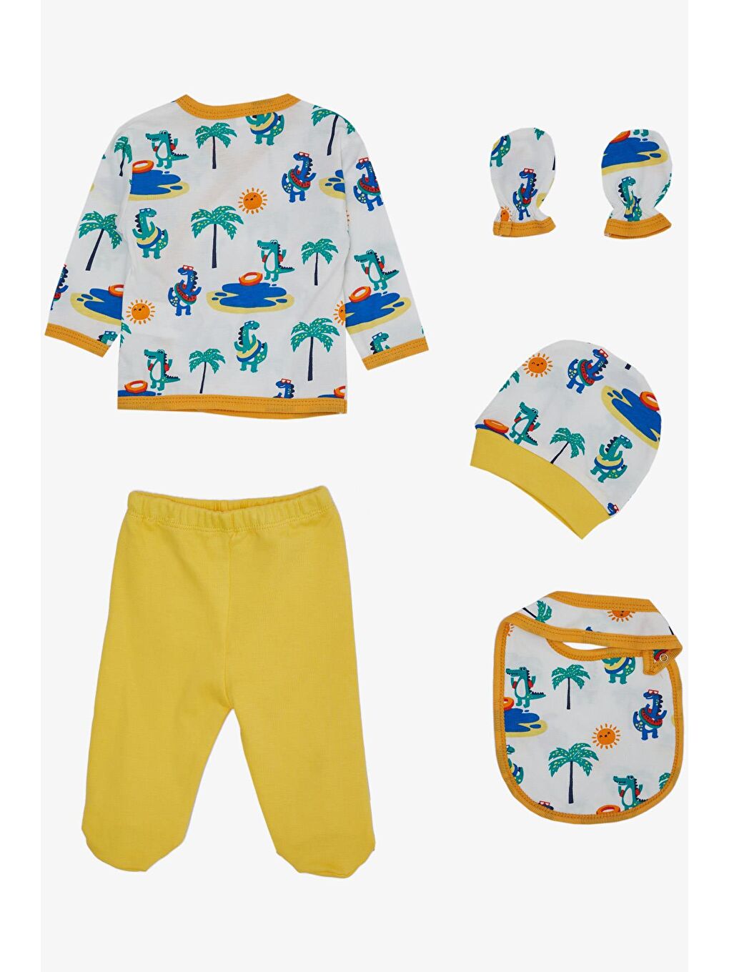 Erkek Bebek Hastane Çıkışı 5 li Tatil Temalı Hayvancık Desenli Beyaz (0-3 Ay)-1