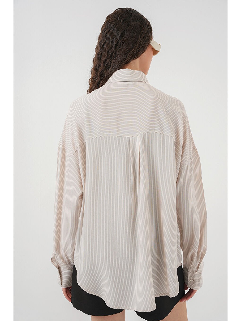 Ekru Kadın Çizgili Oversize Gömlek 20295 - Krem-4