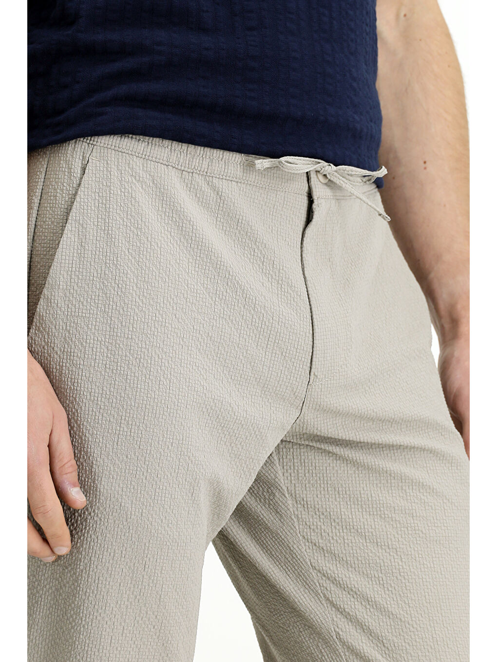 Bej Regular Fit Beli Bağcıklı Lastikli Klasik Pantolon-4