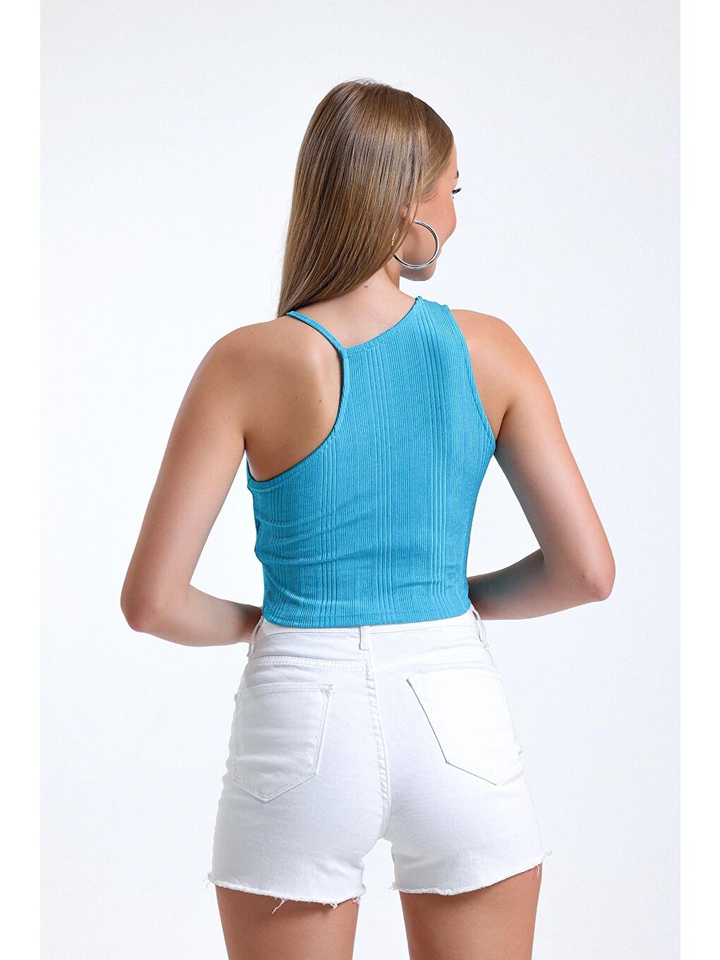 Mavi Asimetrik Omuz Detaylı Bisiklet Yaka Sıfır Kol Crop Bluz-4