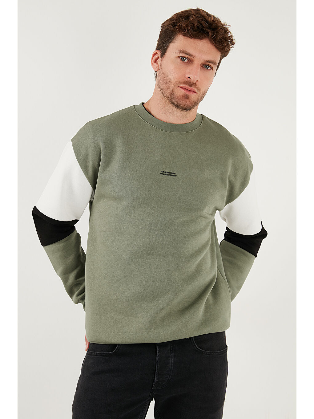 Haki Pamuklu Relaxed Fit Bisiklet Yaka Şardonlu Renk Bloklu Sweat 5905298T-3