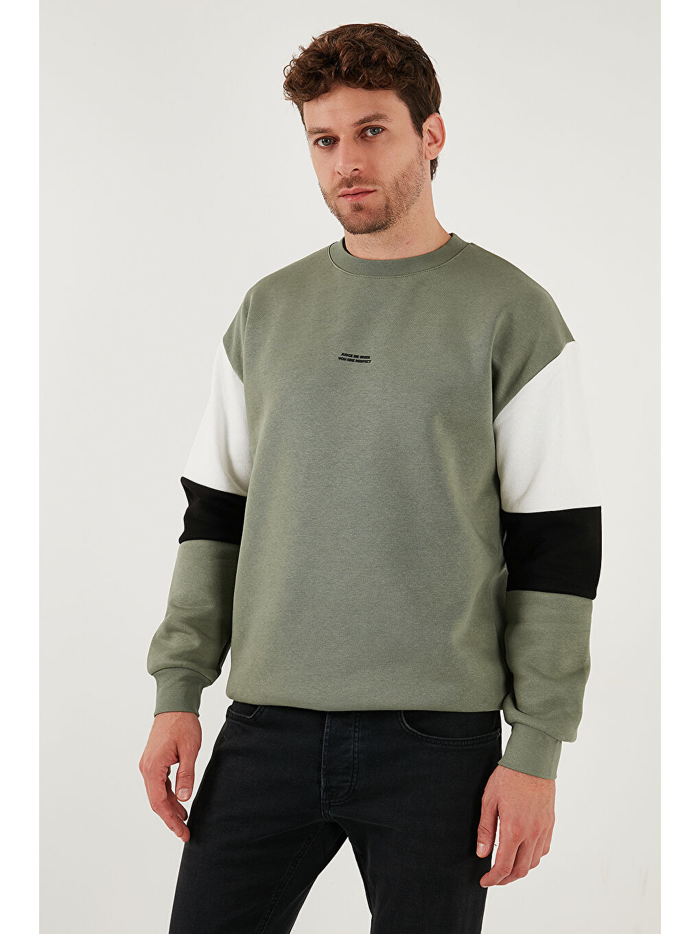 Haki Pamuklu Relaxed Fit Bisiklet Yaka Şardonlu Renk Bloklu Sweat 5905298T-4