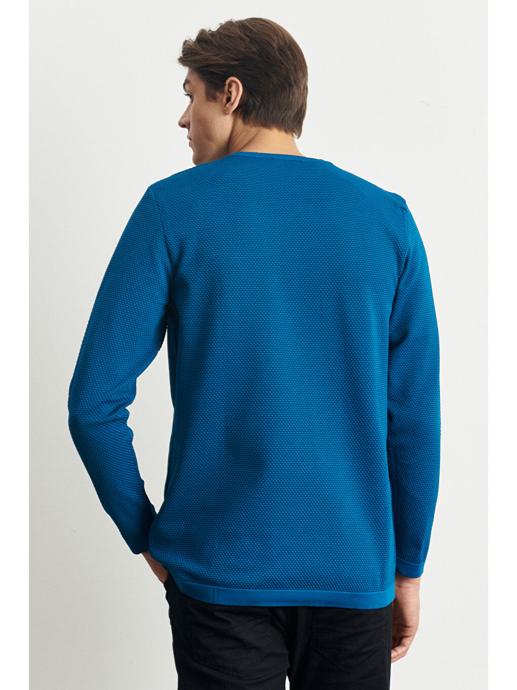 Erkek Petrol Standart Fit Normal Kesim Bisiklet Yaka Dokulu Yumuşak Kazak-4