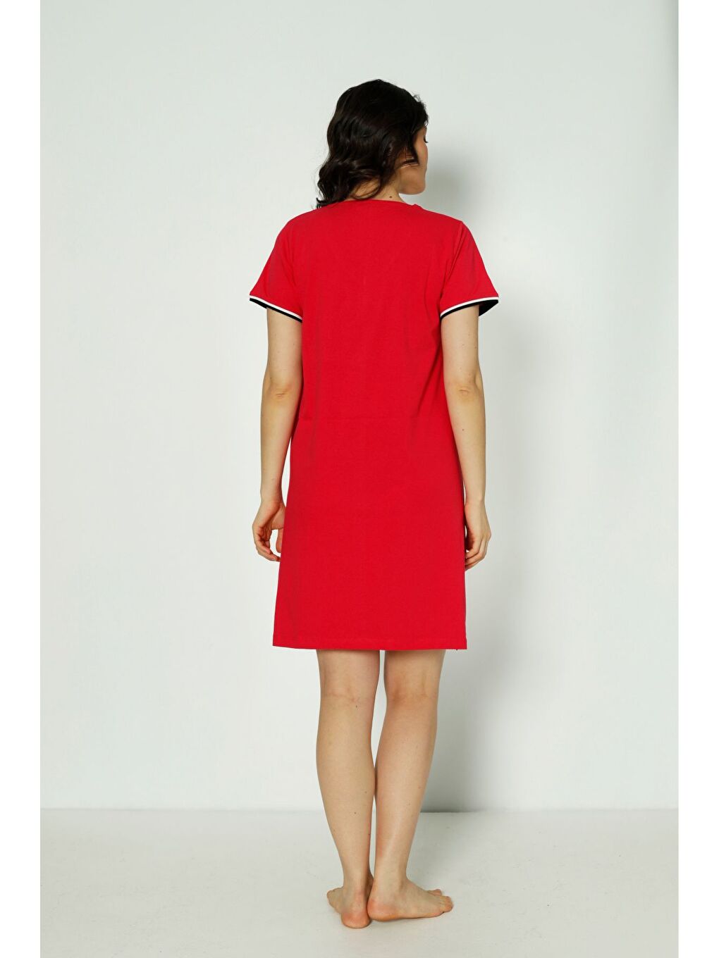 Kadın Kırmızı Baskılı Şerit Detaylı Kısa Kollu %100 Pamuk Tunik-3