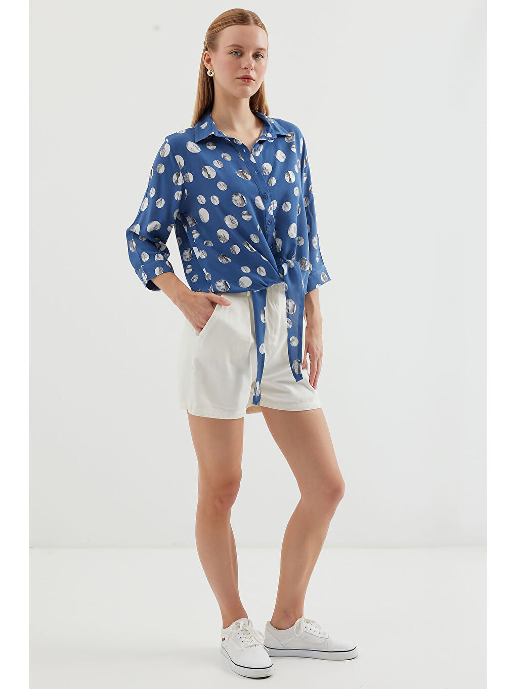 20243 Önü Bağlamalı Desenli Gömlek - İndigo-2