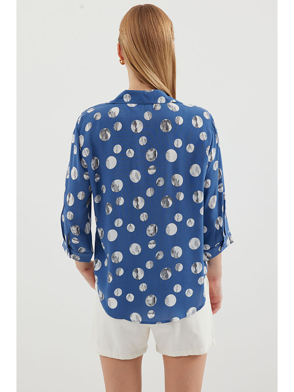 20243 Önü Bağlamalı Desenli Gömlek - İndigo-4