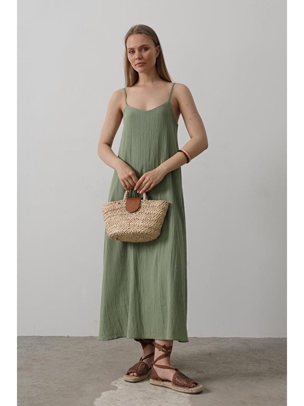 Askılı Uzun Çan Elbise - Haki-1