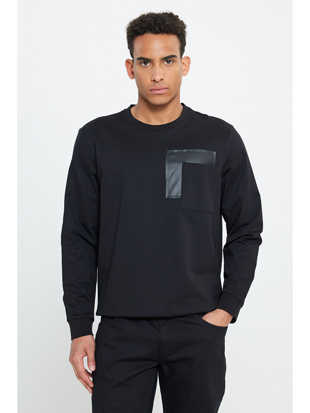 Erkek Siyah Standart Fit Normal Kesim Bisiklet Yaka Pamuklu Sweatshirt