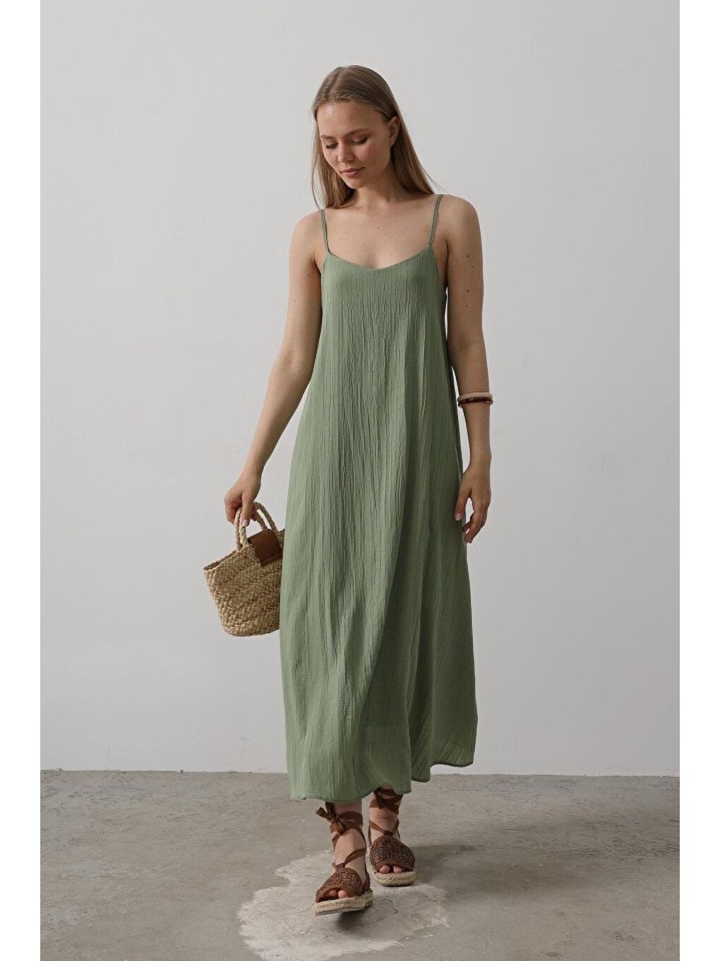Askılı Uzun Çan Elbise - Haki-2