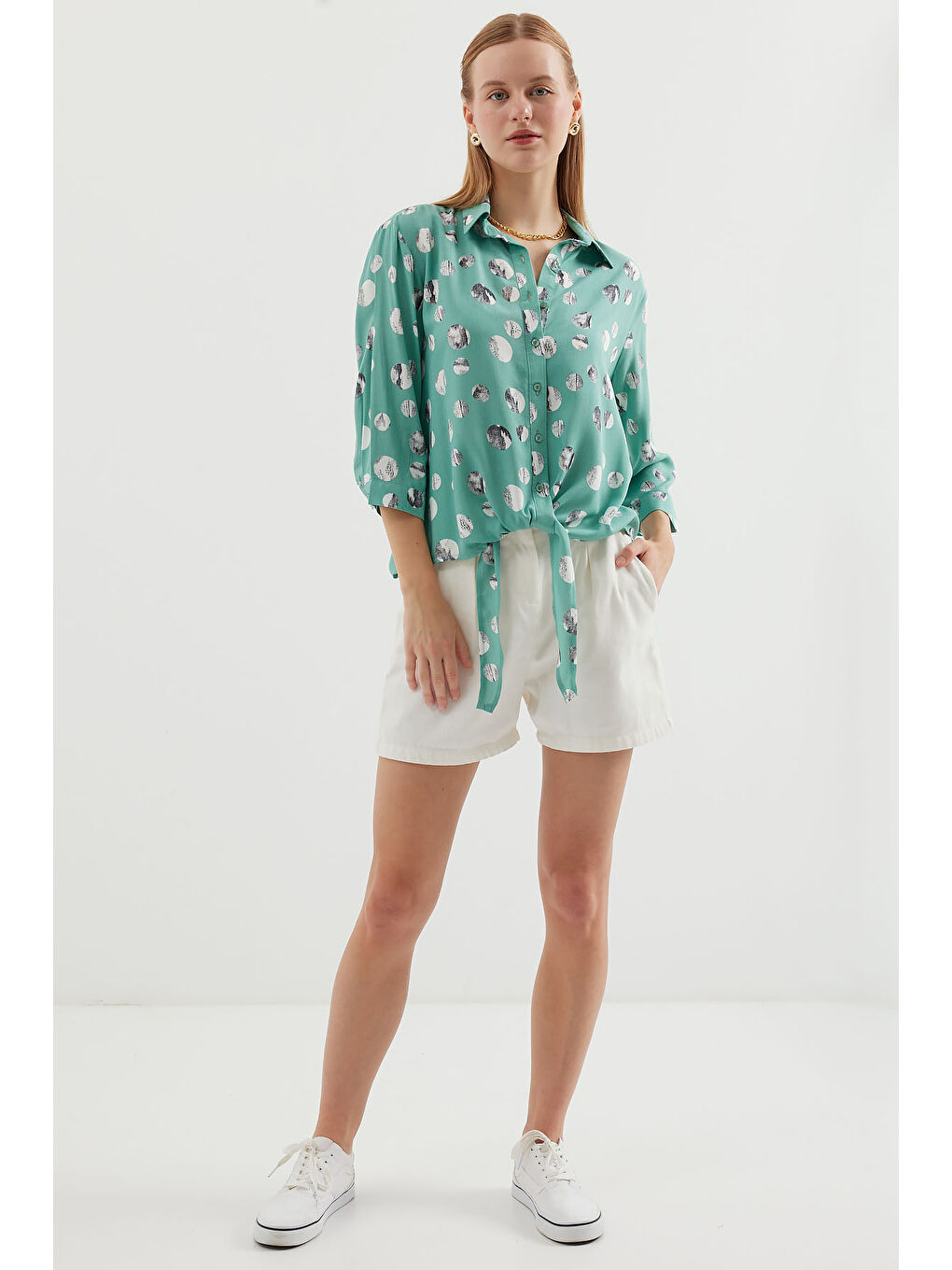 Yeşil 20243 Önü Bağlamalı Desenli Gömlek - Çağla-1