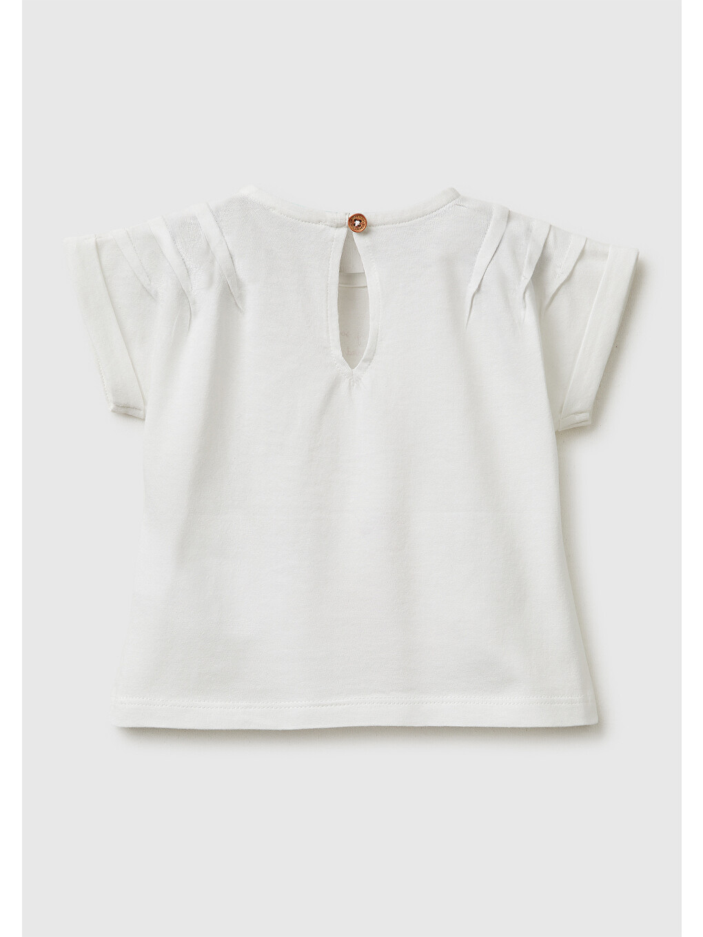 Bebek Beyaz Su Bazlı Baskılı İşlemeli Arkası Düğmeli Kimono Kol T-Shirt-1