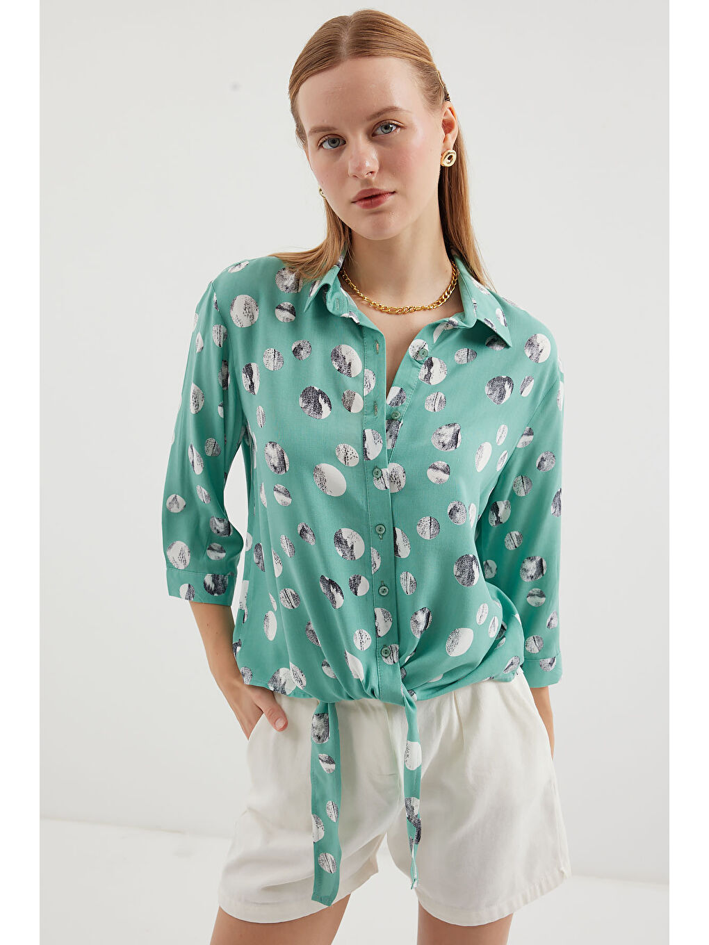 Yeşil 20243 Önü Bağlamalı Desenli Gömlek - Çağla-3