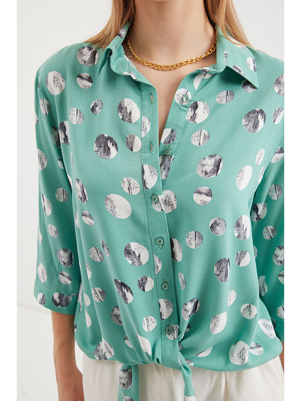 Yeşil 20243 Önü Bağlamalı Desenli Gömlek - Çağla-4