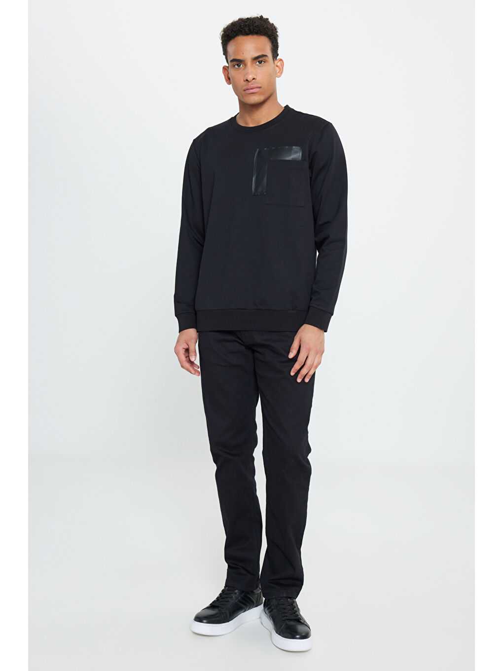 Erkek Siyah Standart Fit Normal Kesim Bisiklet Yaka Pamuklu Sweatshirt-1