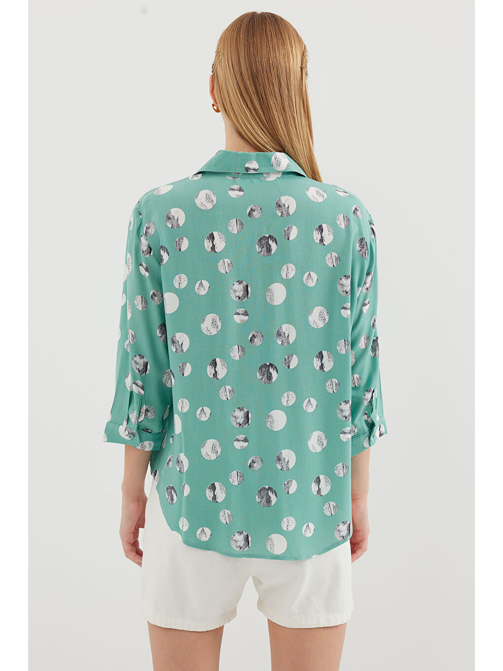 Yeşil 20243 Önü Bağlamalı Desenli Gömlek - Çağla-5