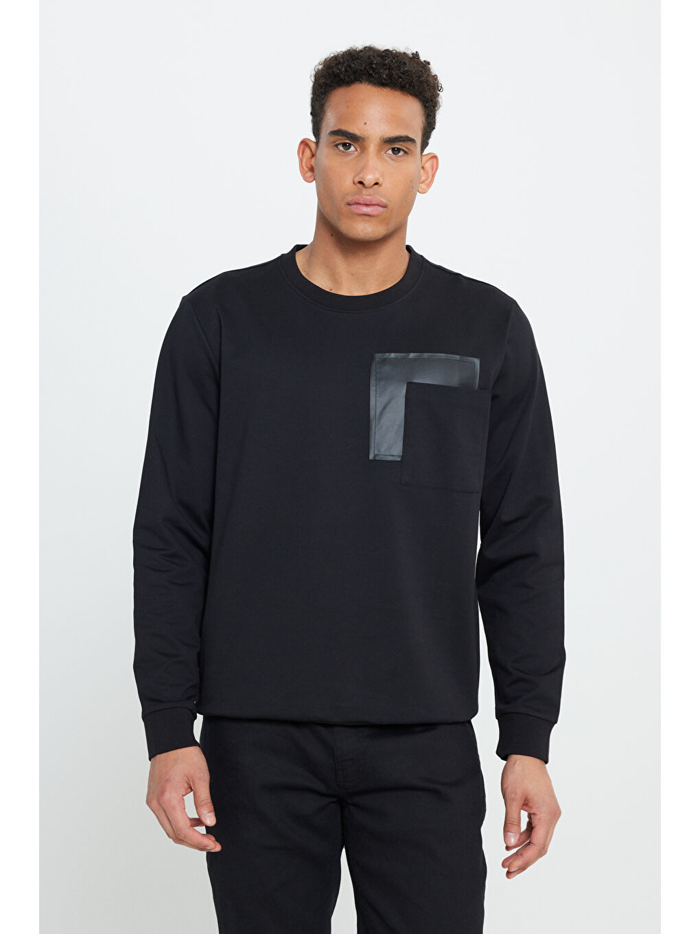 Erkek Siyah Standart Fit Normal Kesim Bisiklet Yaka Pamuklu Sweatshirt-2