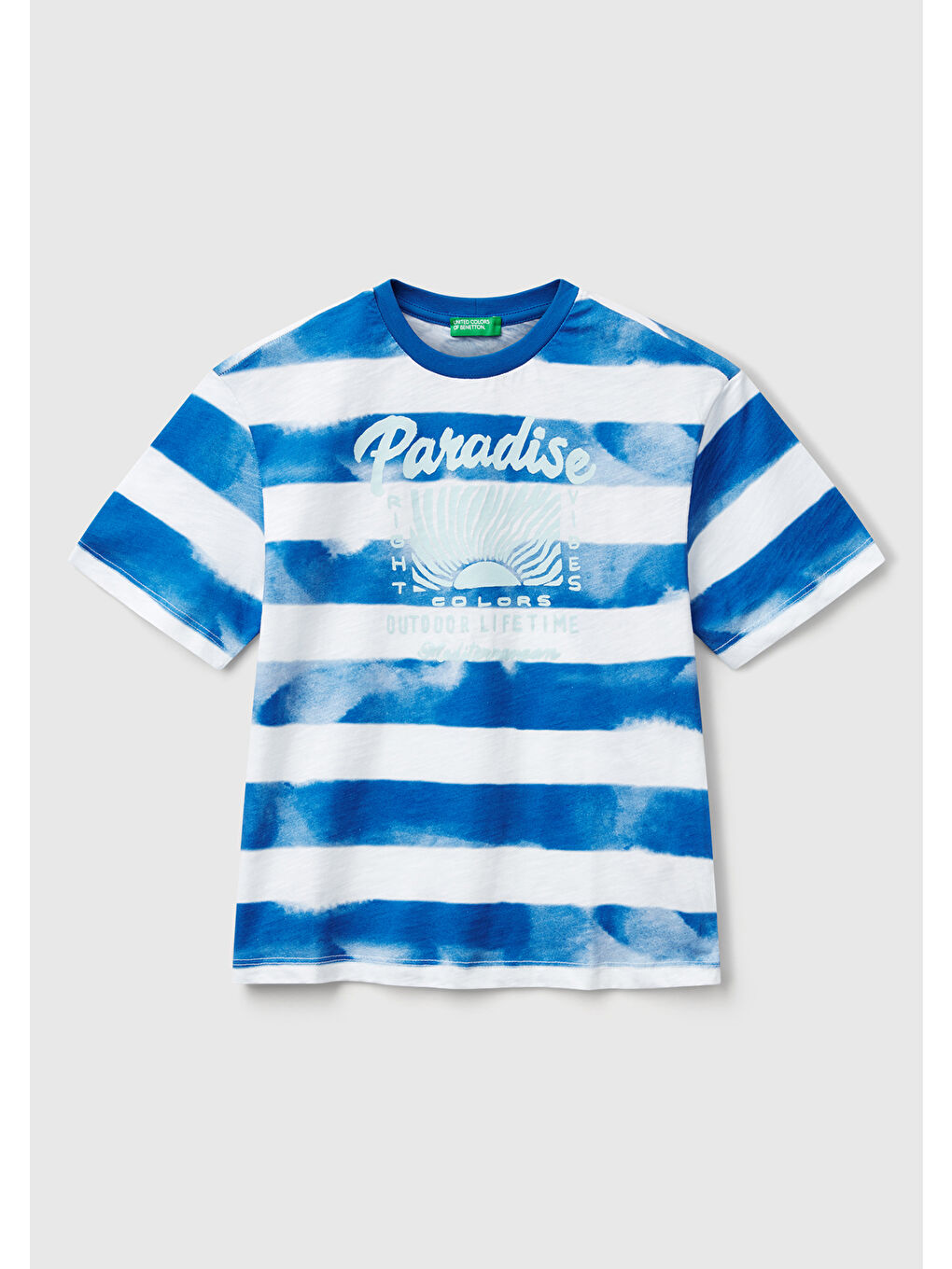 Erkek Çocuk Saks Mavi Baskılı Fırça Darbesi Çizgili Bisiklet Yaka Oversize T-Shirt