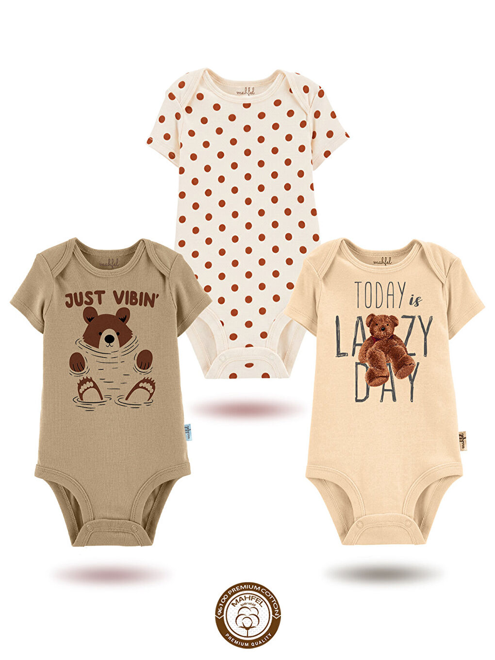 Bej 3'lü %100 Pamuklu Organik Baskılı Kısa Kollu Çıtçıtlı Bebek Body Zıbın 1-739