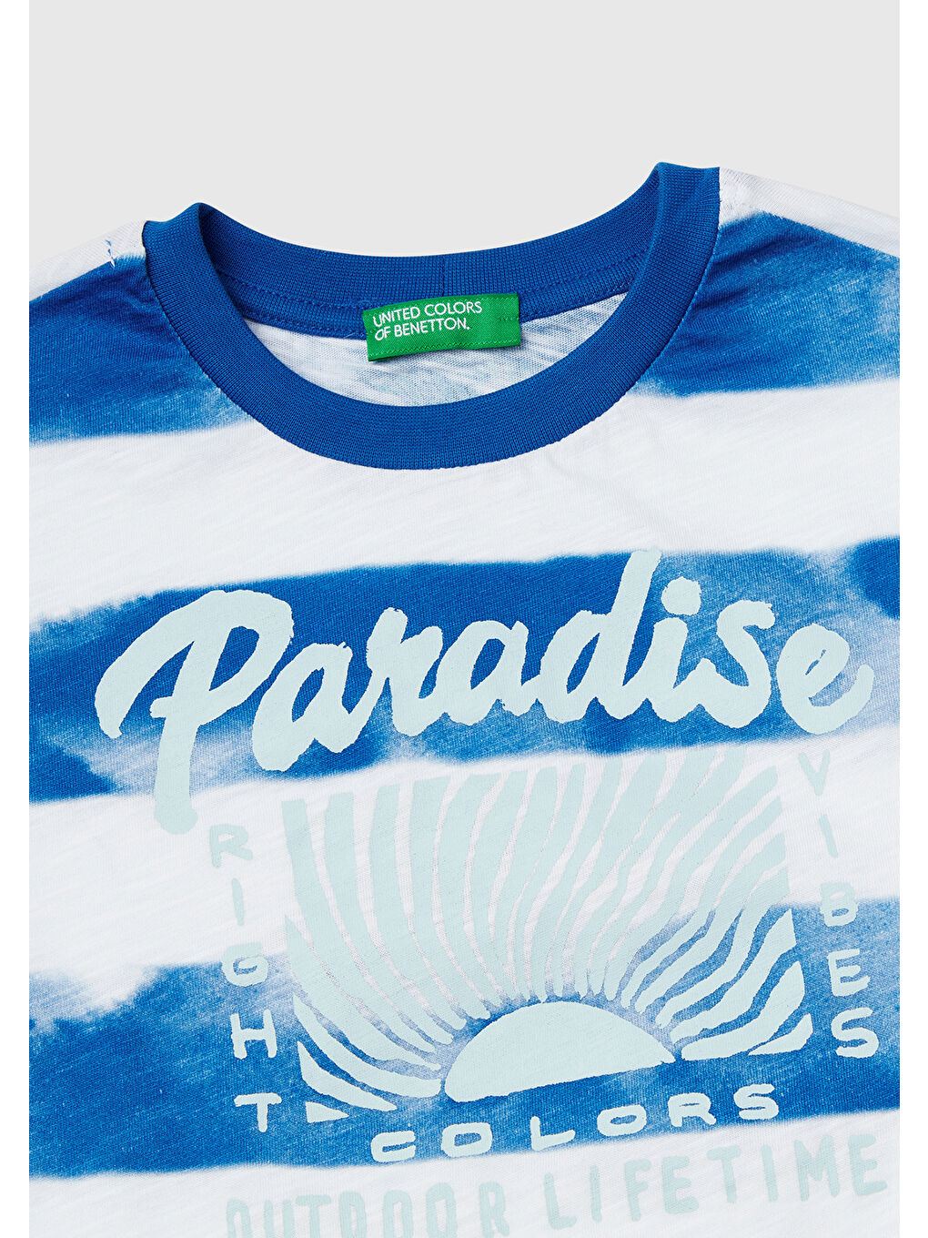 Erkek Çocuk Saks Mavi Baskılı Fırça Darbesi Çizgili Bisiklet Yaka Oversize T-Shirt-2