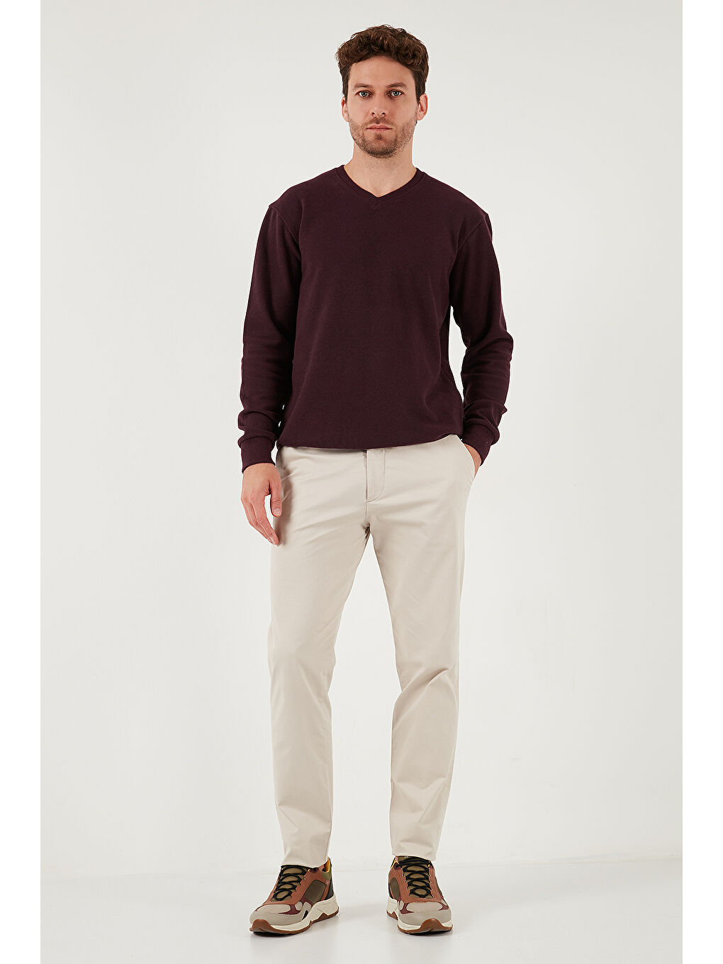 Mürdüm Pamuklu Regular Fit V Yaka Büyük Beden Kazak 456202-1