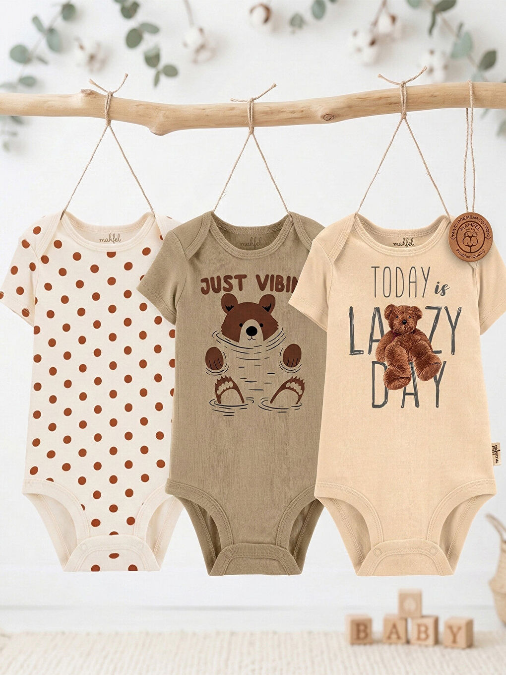 Bej 3'lü %100 Pamuklu Organik Baskılı Kısa Kollu Çıtçıtlı Bebek Body Zıbın 1-739-1