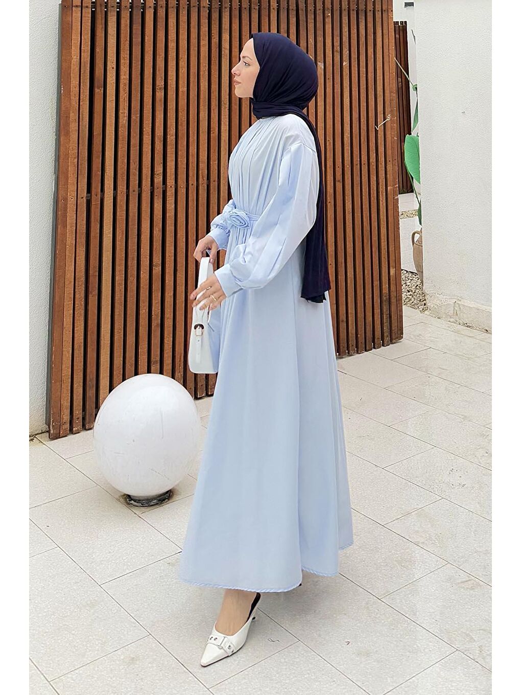 Pileli Poplin Elbise Bebe Mavisi-1