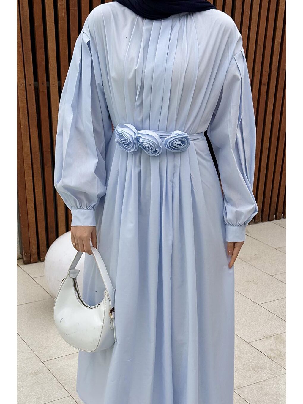 Pileli Poplin Elbise Bebe Mavisi-2