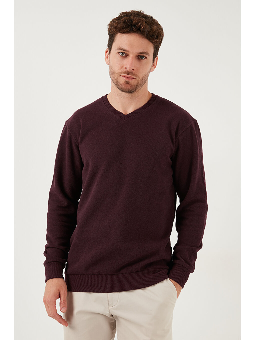 Mürdüm Pamuklu Regular Fit V Yaka Büyük Beden Kazak 456202-2