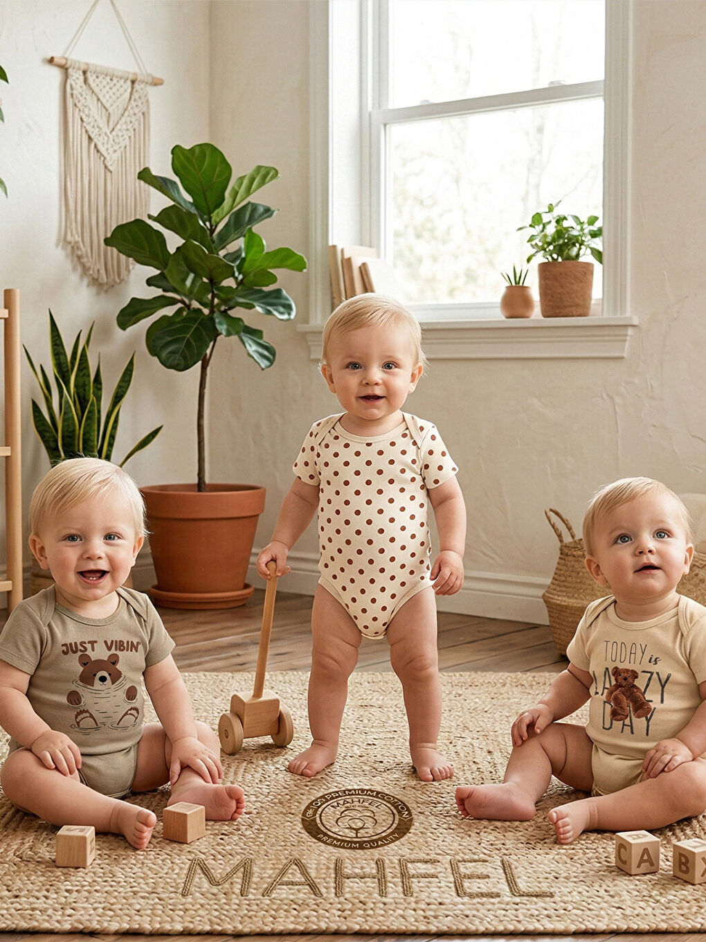 Bej 3'lü %100 Pamuklu Organik Baskılı Kısa Kollu Çıtçıtlı Bebek Body Zıbın 1-739-2