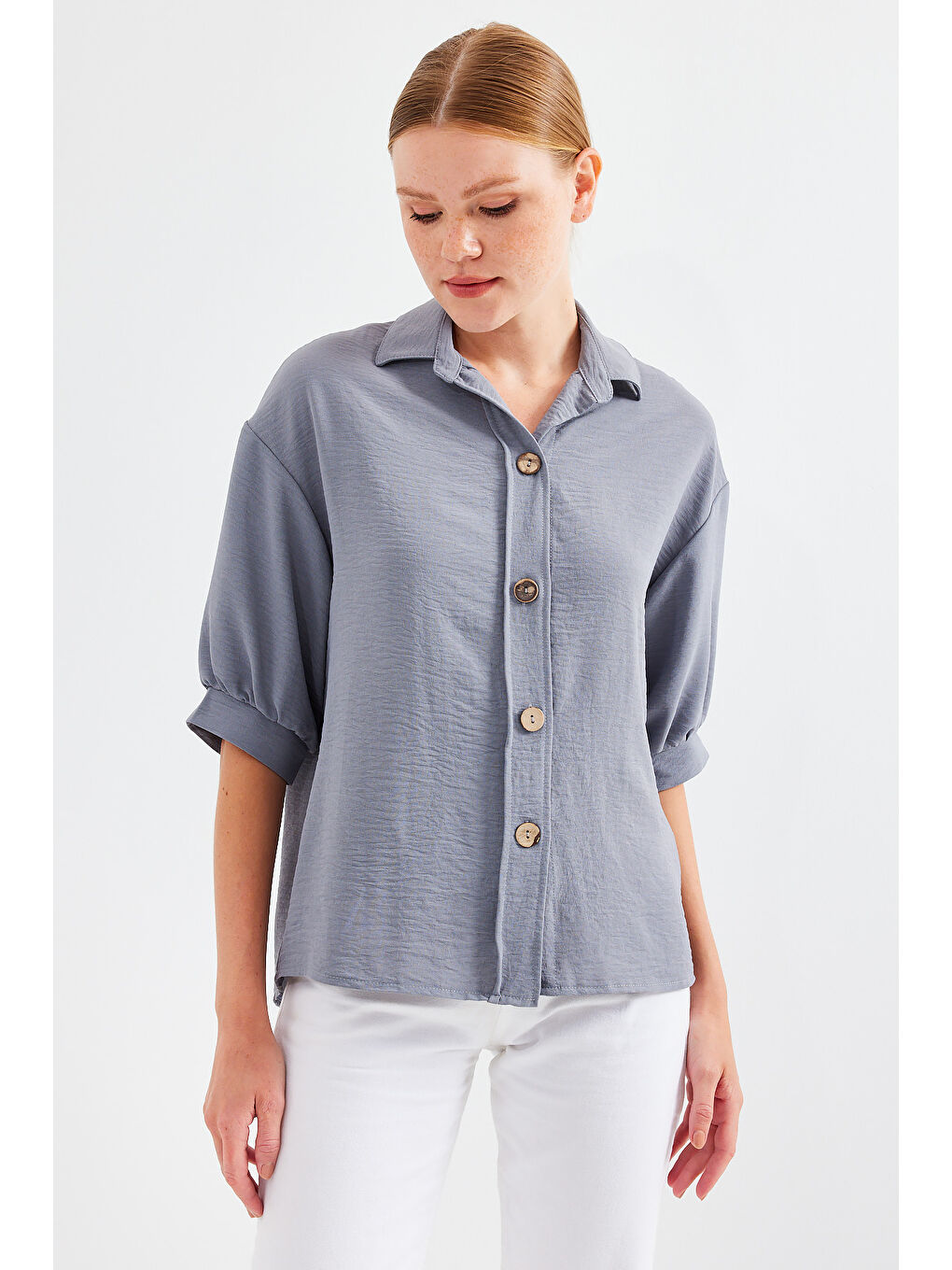 Kısa Kol Oversize Keten Gömlek 20240 - Gri-1