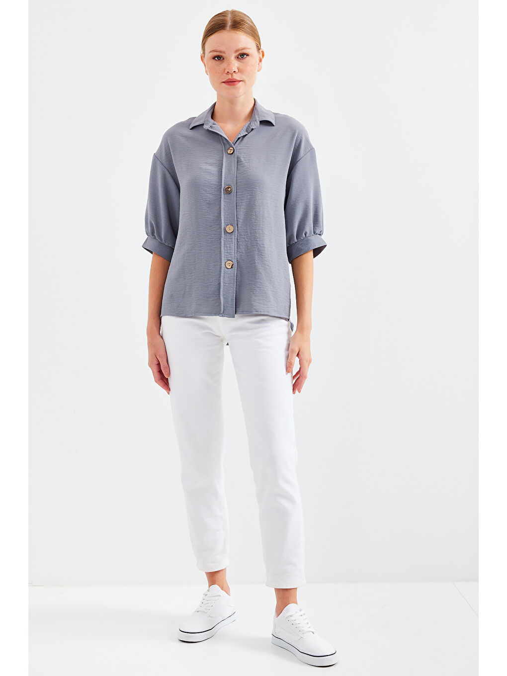 Kısa Kol Oversize Keten Gömlek 20240 - Gri-2