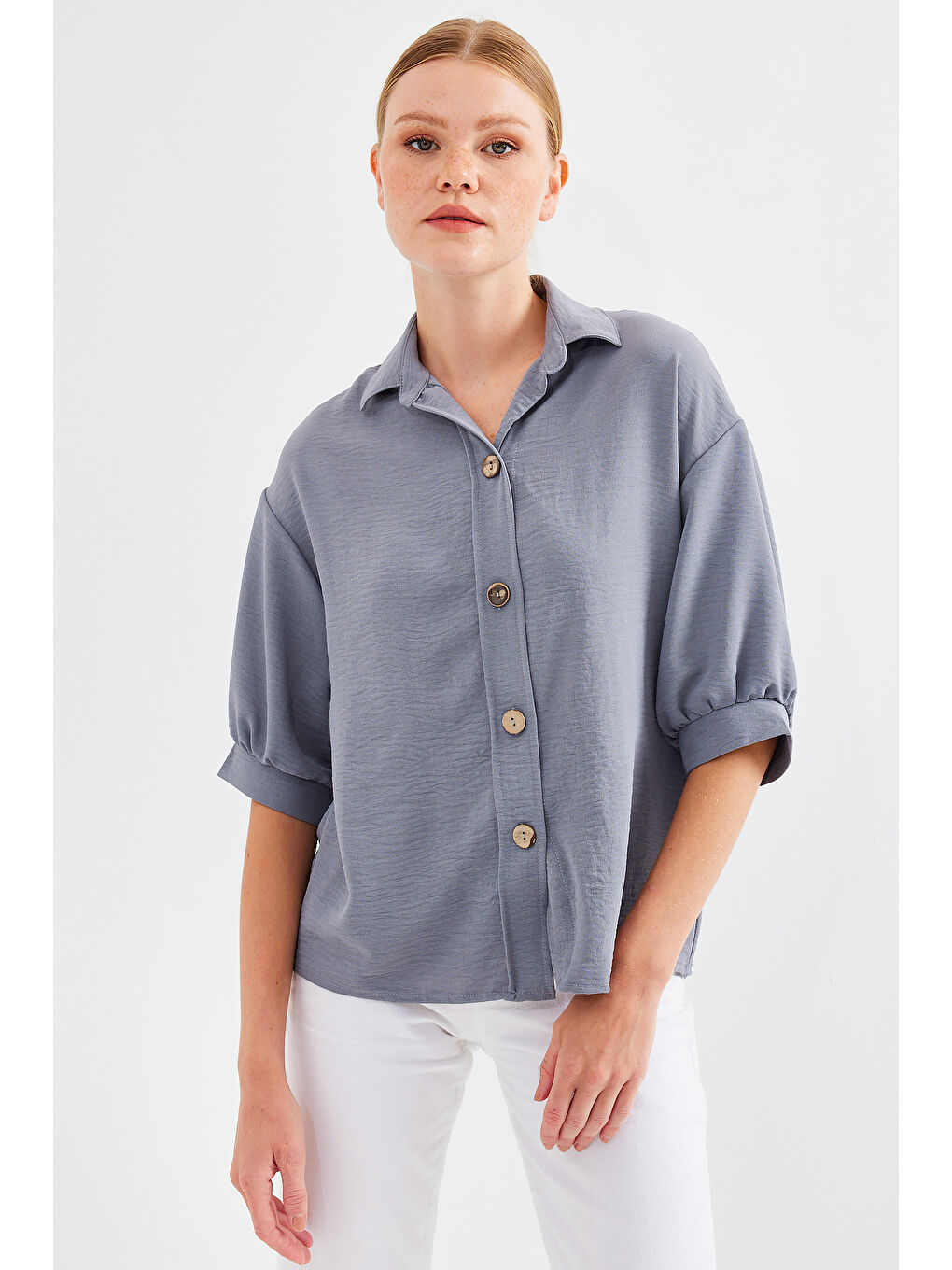Kısa Kol Oversize Keten Gömlek 20240 - Gri-3