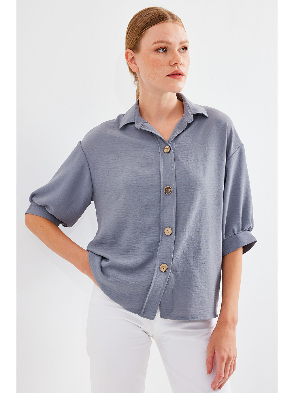 Kısa Kol Oversize Keten Gömlek 20240 - Gri-4