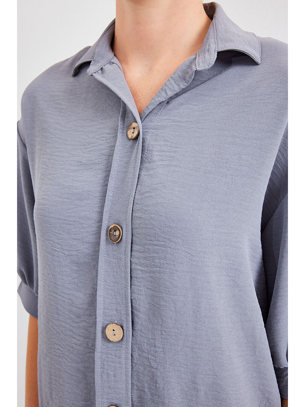 Kısa Kol Oversize Keten Gömlek 20240 - Gri-5