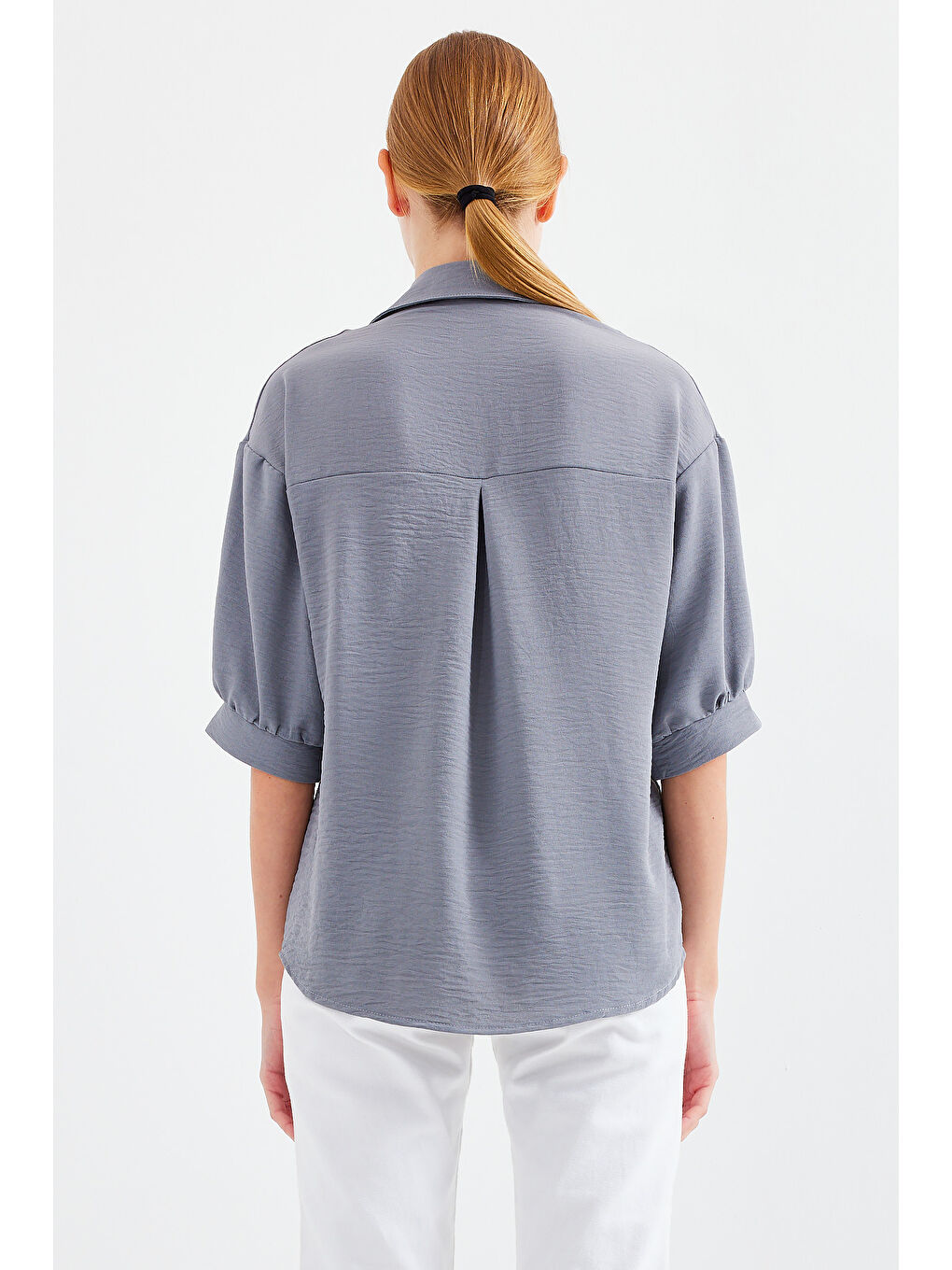 Kısa Kol Oversize Keten Gömlek 20240 - Gri-6