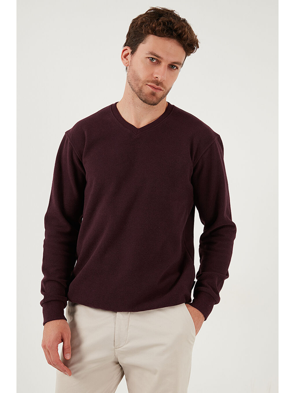 Mürdüm Pamuklu Regular Fit V Yaka Büyük Beden Kazak 456202-3