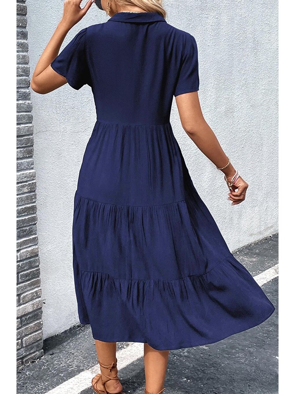 Lacivert Gömlek Yaka Uzun Elbise Mg1853-5