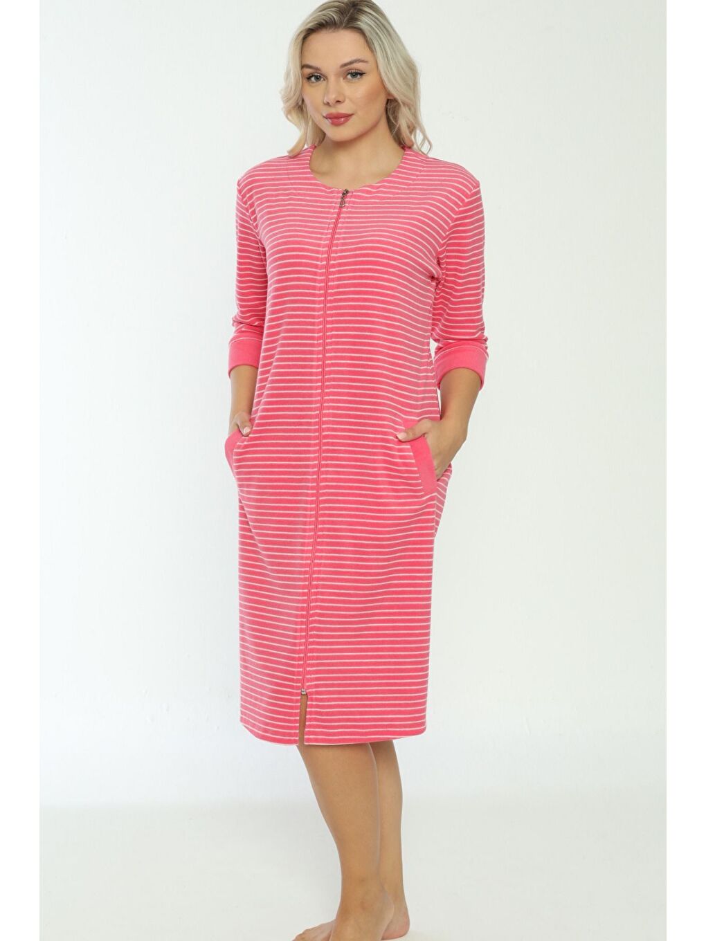 Pembe Kadın Lila Fermuarlı Pamuklu Truvakar Kollu Cepli Elbise