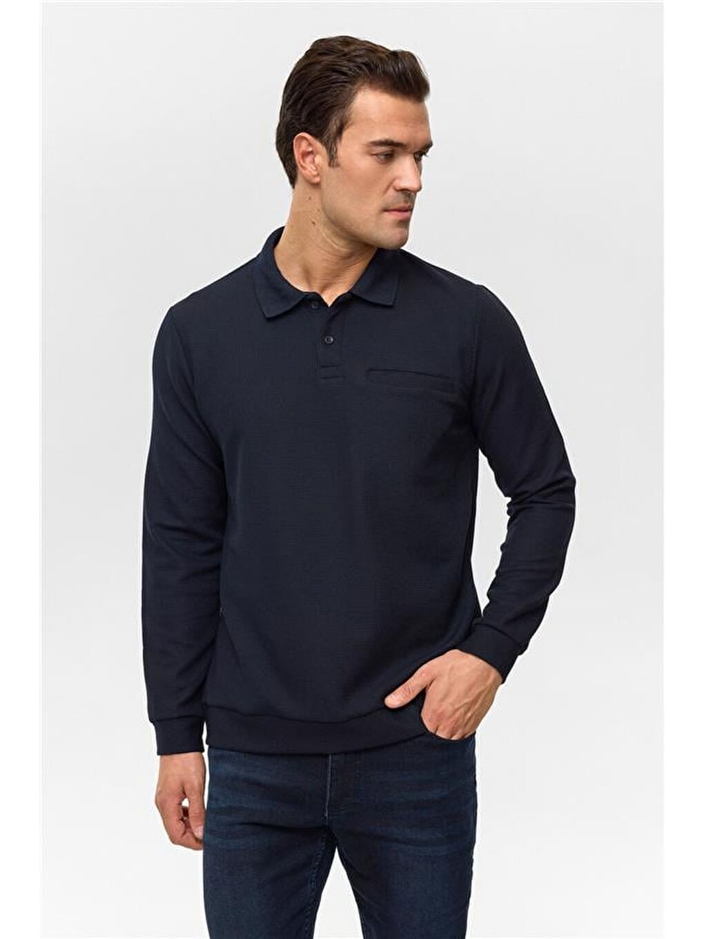 Lacivert Regular Düz Polo Yaka Sweatshirt-1