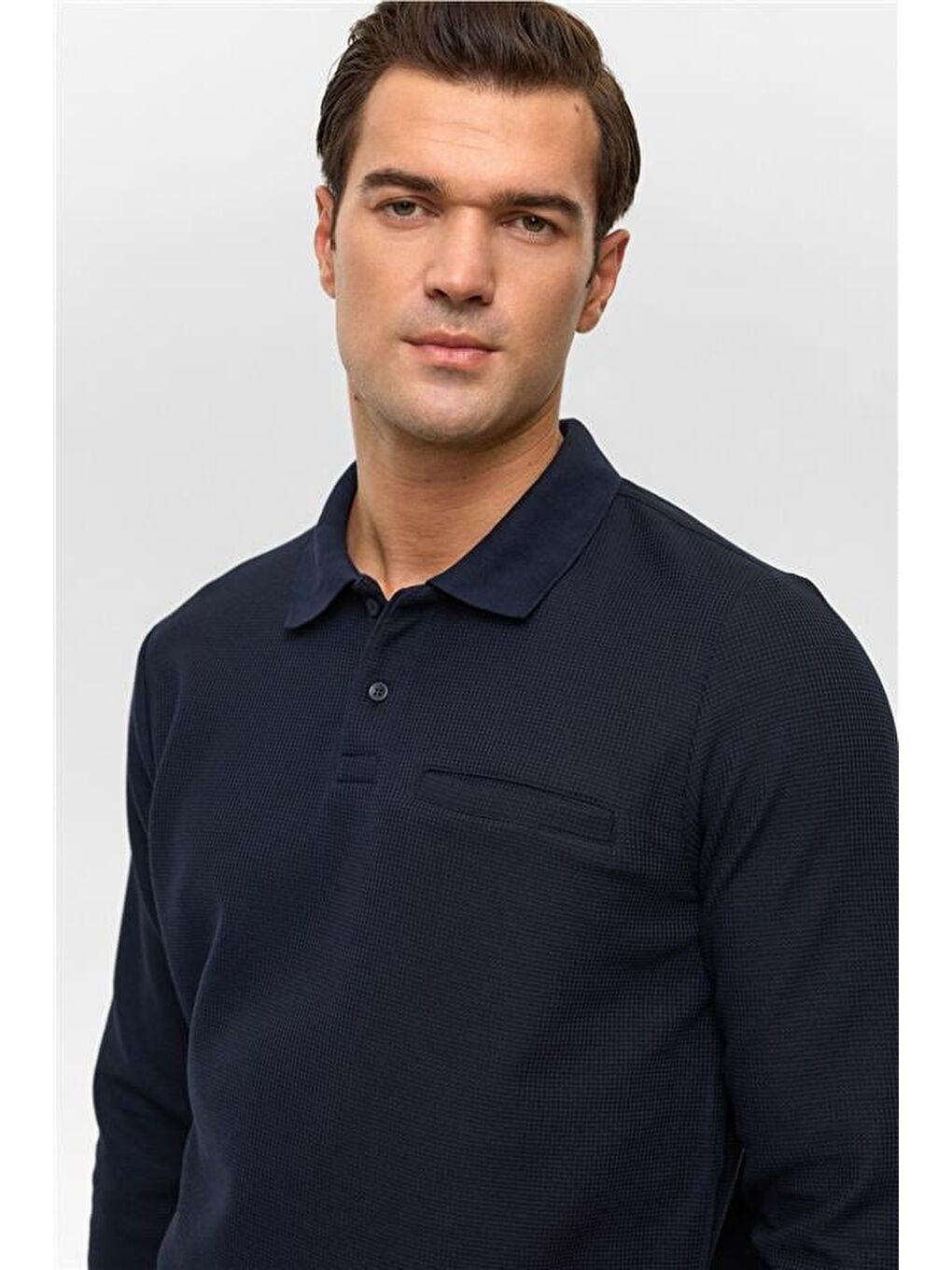 Lacivert Regular Düz Polo Yaka Sweatshirt-2